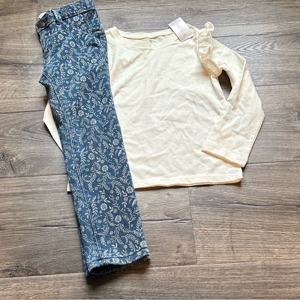 Cream Shirt & Old Navy Floral Jean Pants Girls 5